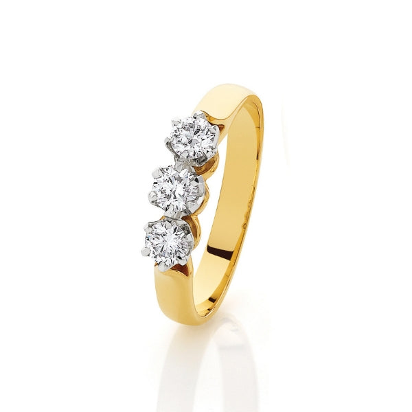 Lulu - 9ct yellow gold three stone 0.50ct diamond engagement, anniversary or dress ring