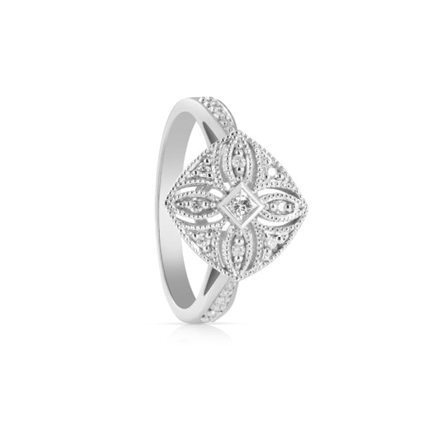 Lara - 9ct white gold 0.20ct diamond art deco flower style dress ring
