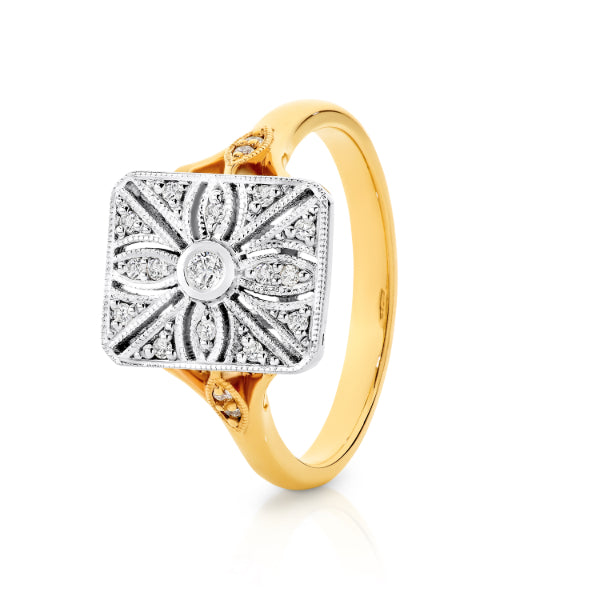 Avery - 9ct yellow and white gold art deco style 0.16ct diamond dress ring