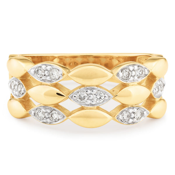 Mariska - 9ct yellow gold 3 row daimond set wide band ring