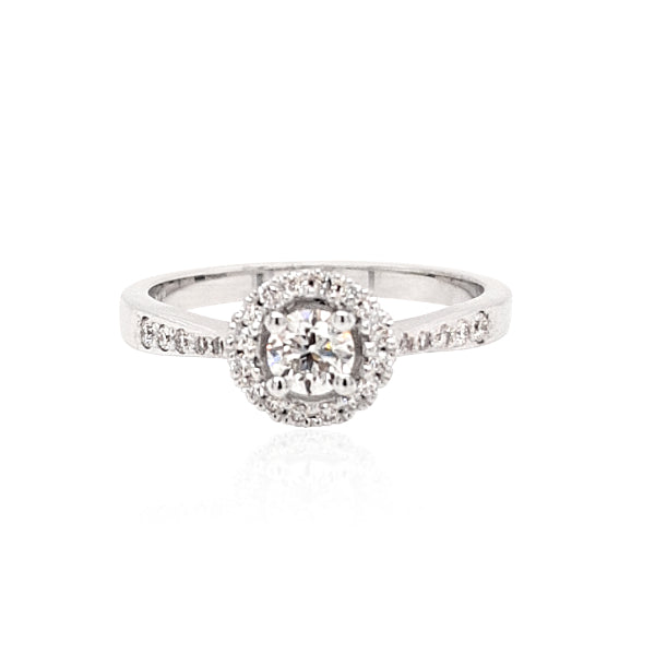 Liberty - 18ct white gold diamond set open halo ring with diamond shoulders