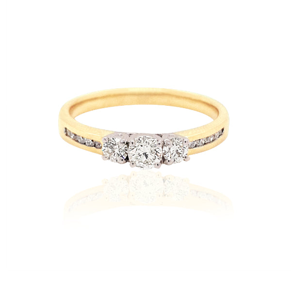 Karina - three stone diamond engagement ring with shoulder diamonds in 18ct yellow gold