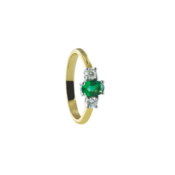 Leah - three stone oval emerald and diamond ring in 18ct yellow gold