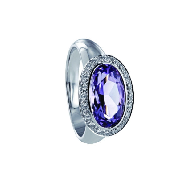 Kirsten - oval amethyst and diamond halo ring in 18ct white gold