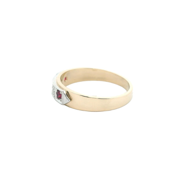 Three stone ruby & diamond eternity ring in 9ct yellow gold