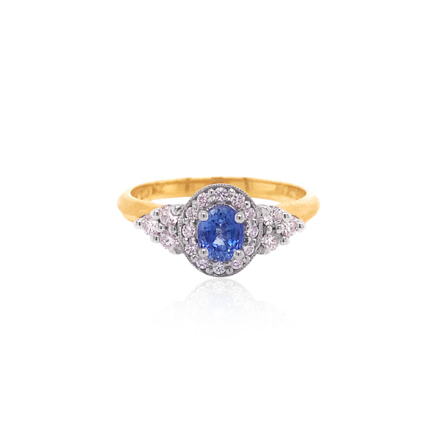 Halle - oval ceylonese sapphire and diamond cluster ring in 9ct yellow and white gold