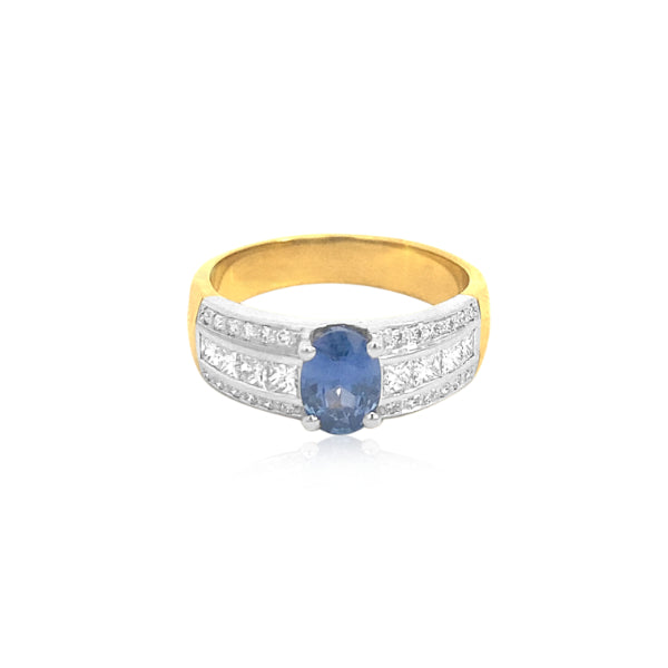 Demi- oval ceylonese sapphire and diamond dress or engagement ring in 18ct yellow gold