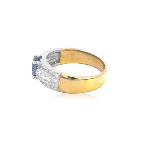 Demi- oval ceylonese sapphire and diamond dress or engagement ring in 18ct yellow gold