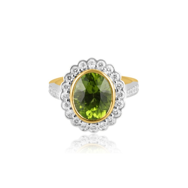 Genna - oval peridot and diamond halo ring in 18ct yellow and white gold