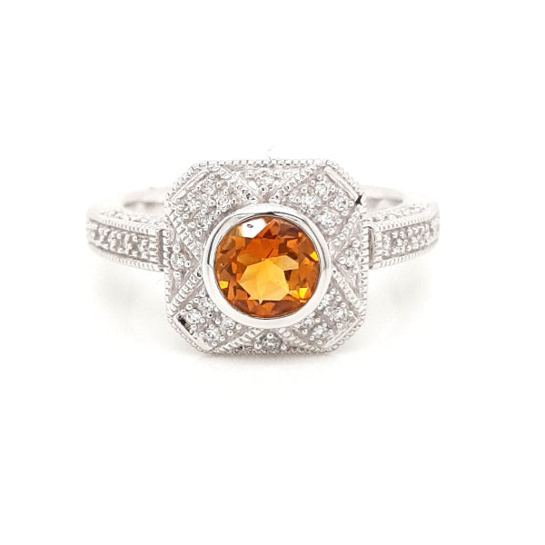 Cindy- round citrine and diamond antique style ring in 9ct white gold