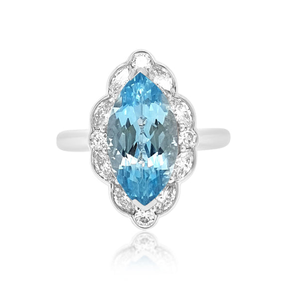Lilibeth- marquise shaped aquamarine and diamond halo ring in 18ct white gold