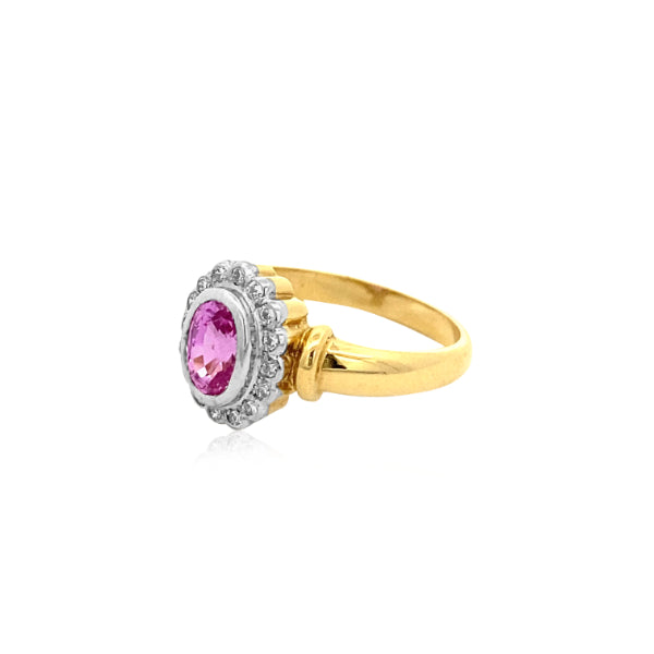 Petra - oval pink sapphire and diamond cluster ring in 18ct yellow gold