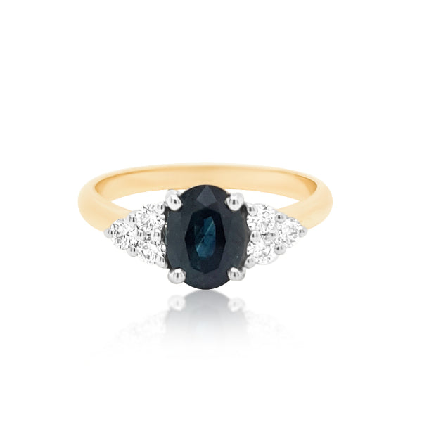 Lucia - oval dark sapphire and diamond dress or engagement ring in 9ct yellow and white gold