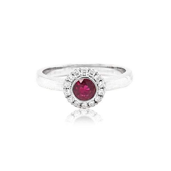 Bobbi - bezel set round ruby and diamond halo ring in 9ct white gold
