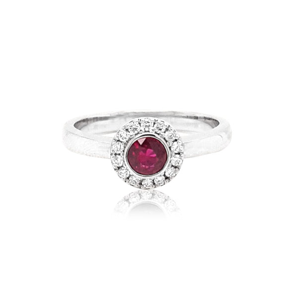 Bobbi- bezel set round ruby and diamond halo ring in 9ct white gold