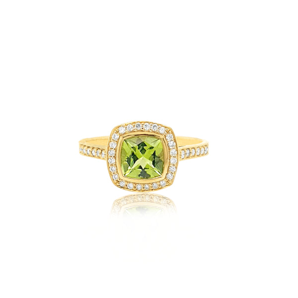 Marcie - bezel set cushion cut peridot and diamond halo ring in 9ct yellow gold