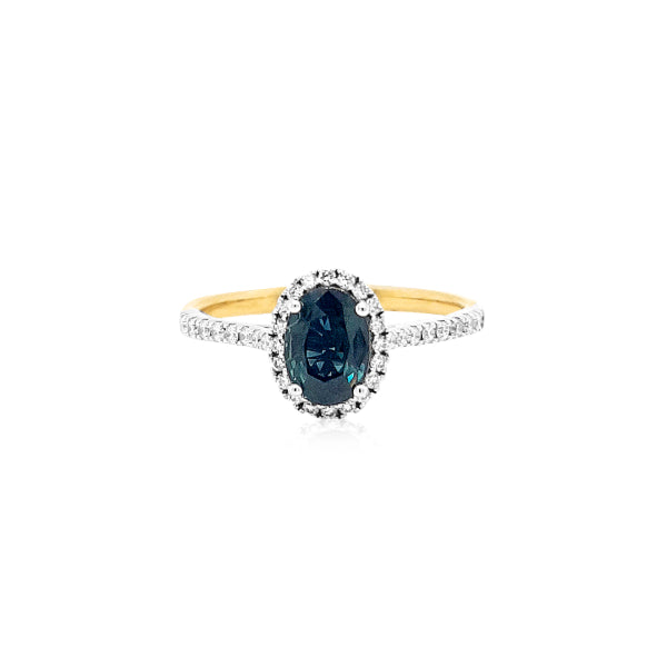 Sloane - blue/green sapphire and diamond halo dress ring in 9ct yellow and white gold