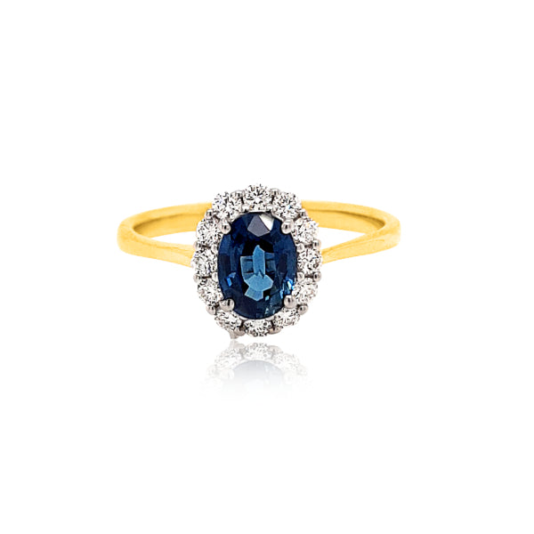 Bette - oval sapphire and diamond halo dress ring in 18ct yellow and white gold