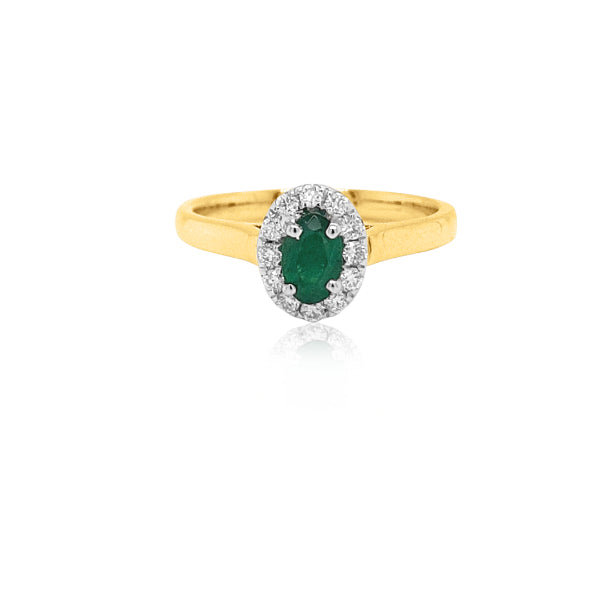 Wren- oval emerald and diamond halo anniversary rin in 9ct yellow and white gold