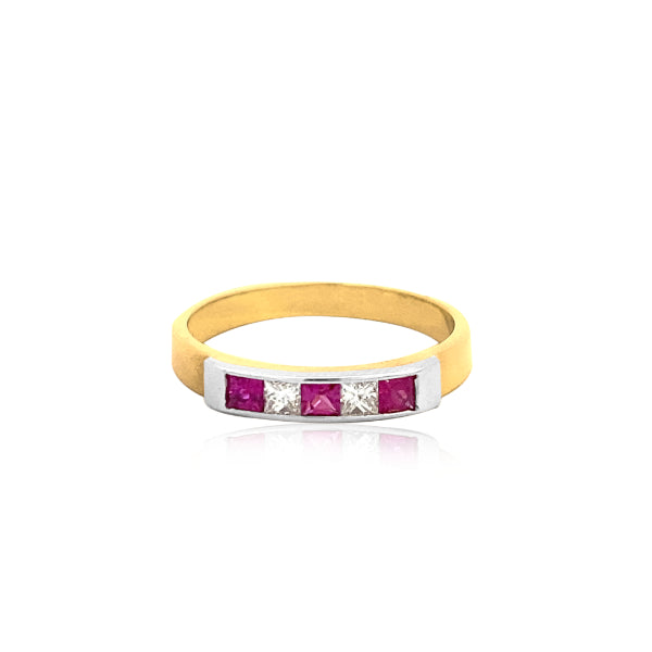 Robbi - princess cut ruby and diamond 5 stone eternity ring in 18ct yellow gold