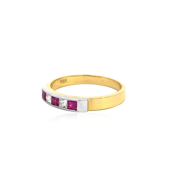 Robbi - princess cut ruby and diamond 5 stone eternity ring in 18ct yellow gold