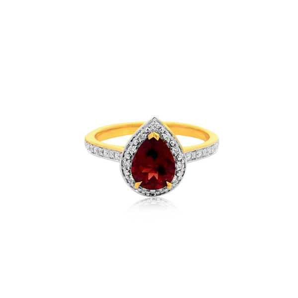 Malia - pear shaped garnet and diamond halo ring with diamond shoulders in 9ct yellow gold