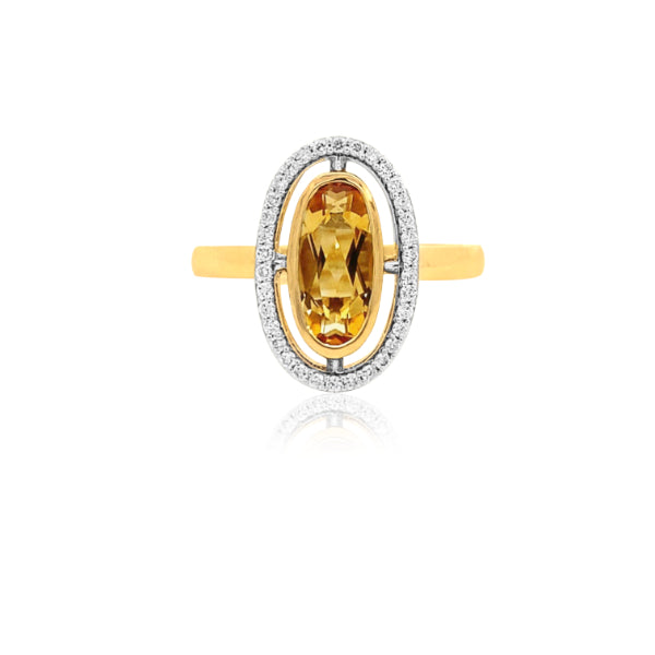 McKinley - oval citrine and diamond halo ring in 9ct yellow and white gold
