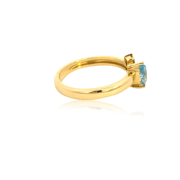 Sasha - pear shaped aquamarine, australian chocolate diamond and white pear shaped diamond saski ring in 18ct yellow gold