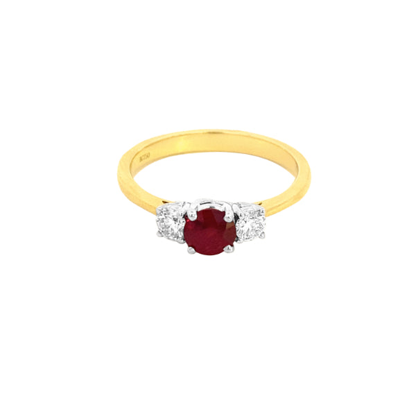 Bindi - ruby and diamond 3 stone dress or engagement ring in 18ct yellow gold