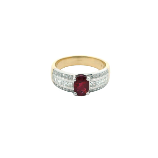 Dinah - oval ruby and diamond dress or engagment ring in 18ct yellow gold