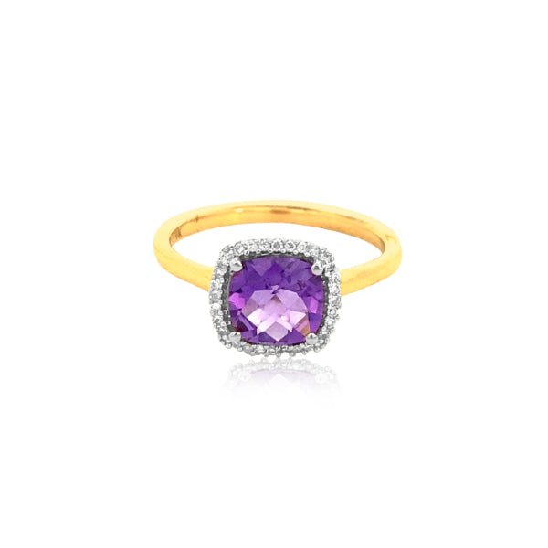 Amethyst and diamond halo dress ring in 9ct yellow gold