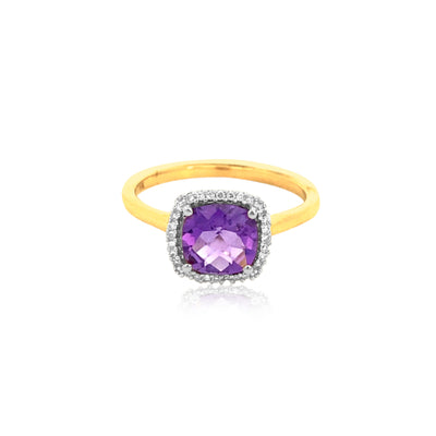 amethyst and diamond halo dress ring in 9ct yellow gold