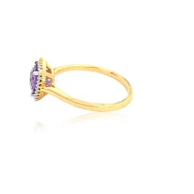 amethyst and diamond halo dress ring in 9ct yellow gold