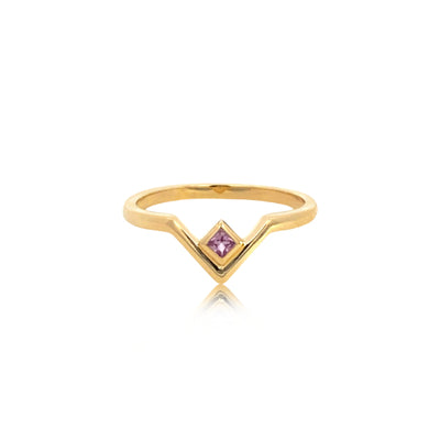 bezel set princess cut pink sapphire v shaped ring in 9ct yellow gold