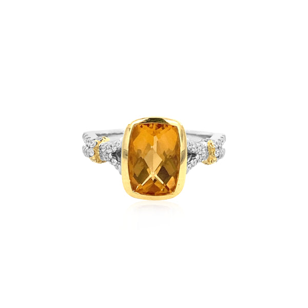Akino - bezel set cushion cut citrine dress ring with diamond set crossover shoulders in 9ct yellow and white gold