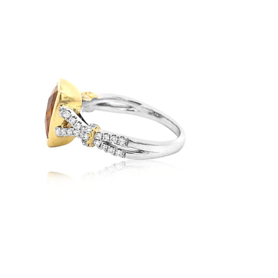 Akino - bezel set cushion cut citrine dress ring with diamond set crossover shoulders in 9ct yellow and white gold