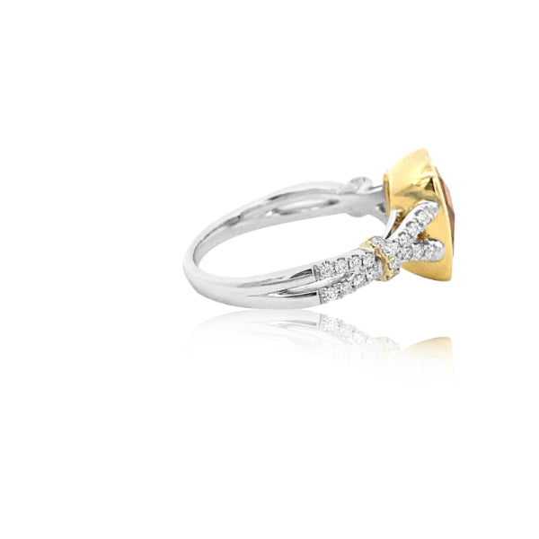 Akino - bezel set cushion cut citrine dress ring with diamond set crossover shoulders in 9ct yellow and white gold