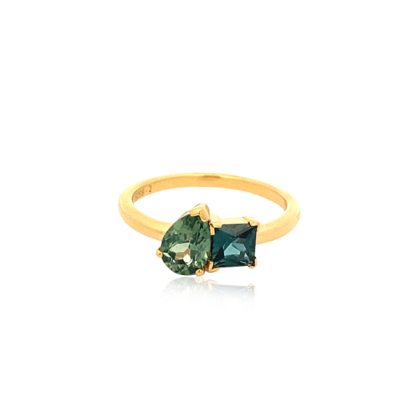Bex - pear shaped green and princess cut blue sapphire celebration ring in 9ct yellow gold