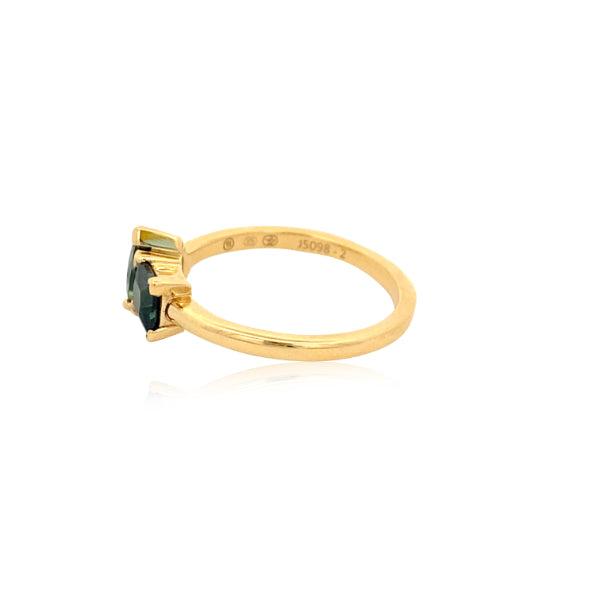 Bex - pear shaped green and princess cut blue sapphire celebration ring in 9ct yellow gold