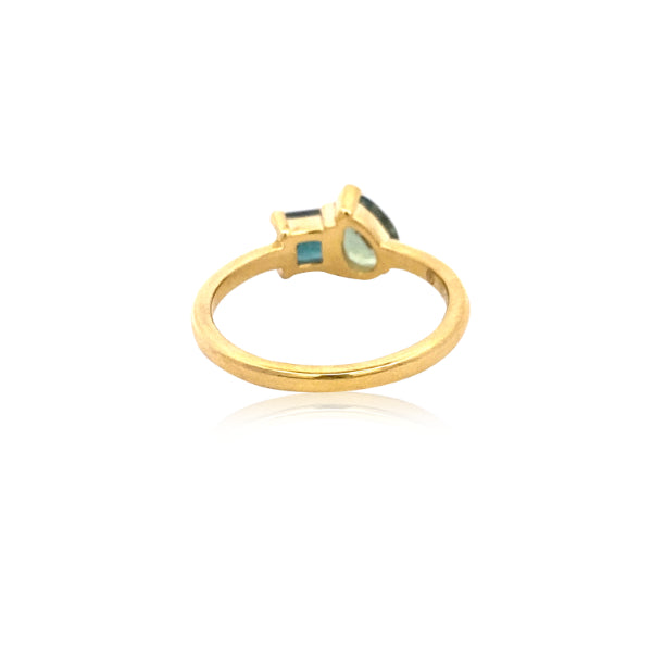 Bex - pear shaped green and princess cut blue sapphire celebration ring in 9ct yellow gold