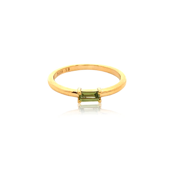 Solene - baguette shaped green sapphire dress ring in 9 ct yellow gold
