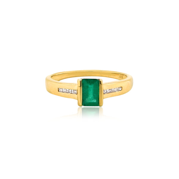 Emerald cut emerald ring with channel set diamonds in 9ct yellow gold