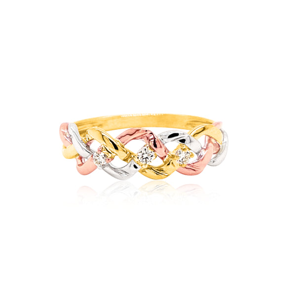 Woven diamond ring in 9ct yellow, white and rose gold