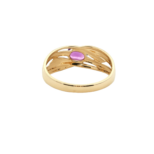 Oval amethyst ring on patterned ribbon band in 9ct yellow gold