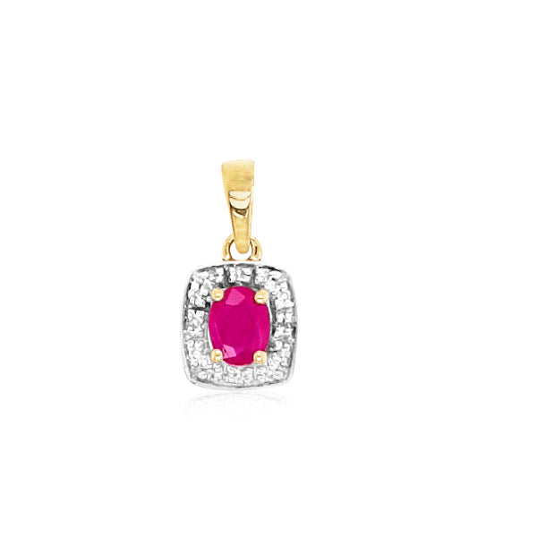 9ct yellow gold ruby & diamond halo pendant