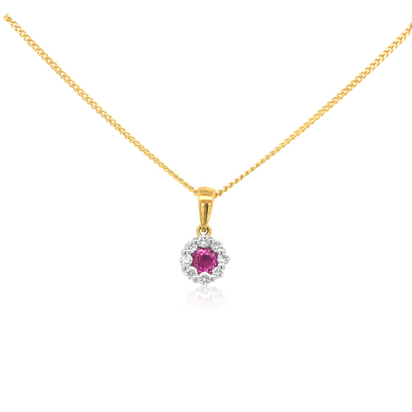 9ct yellow gold diamond cluster with ruby pendant