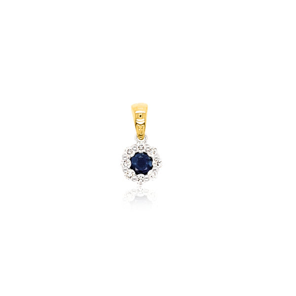 9ct yellow and white gold ceylon sapphire and diamond halo pendant