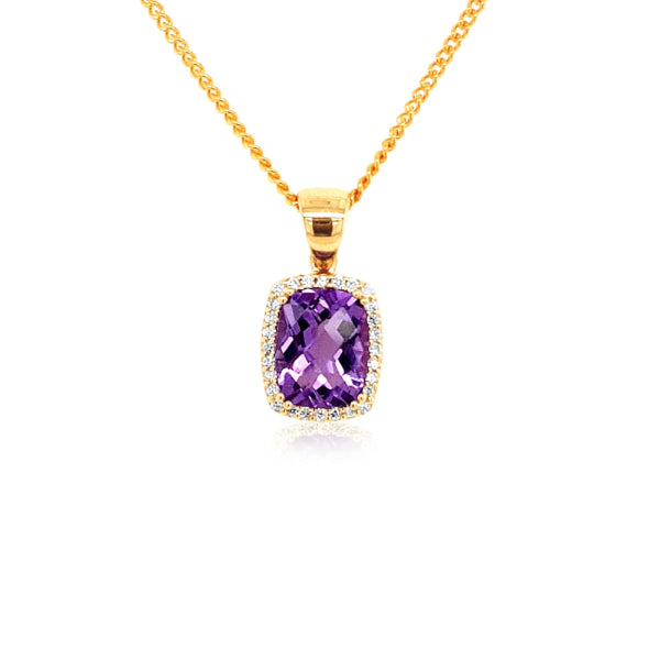 9ct yellow gold amethyst & diamond halo pendant