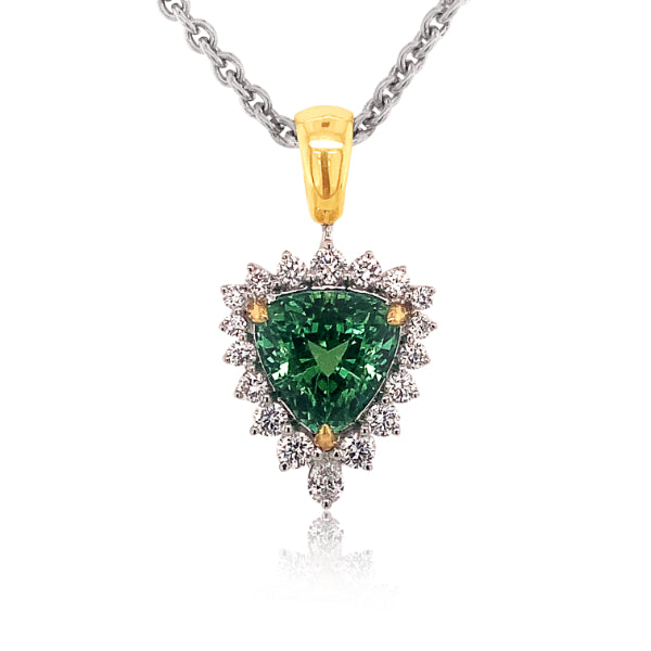 18ct white gold mint tourmaline and diamond pendant with 18ct white gold chain