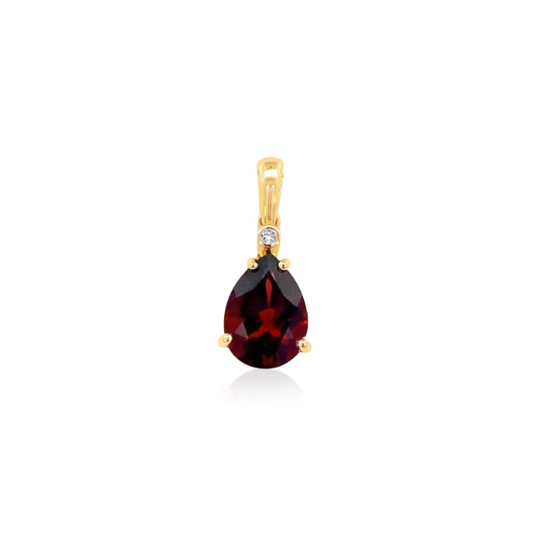 9ct yellow gold garnet teardrop pendant with diamond set bale